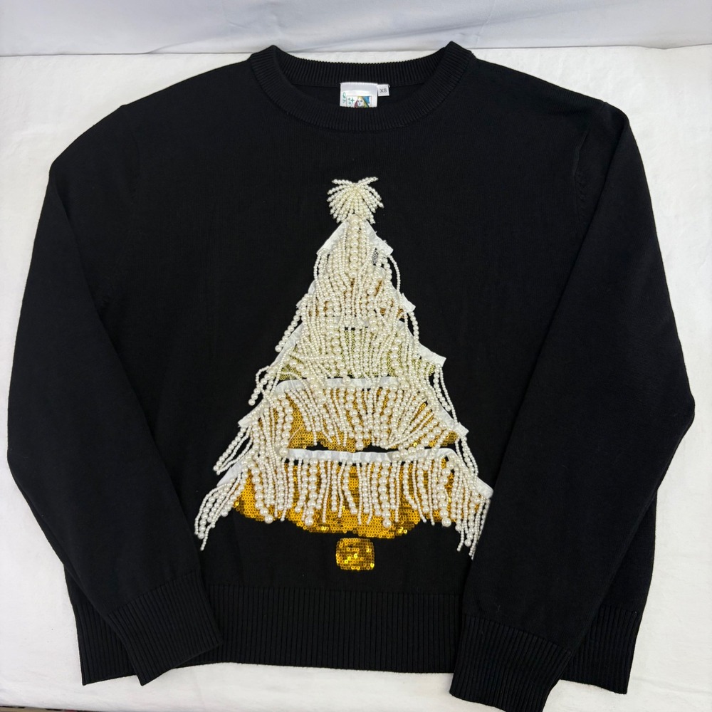 Queen Sparkles Christmas Tree Sweater Womens XS Black Pearl Sequin Holiday Glam